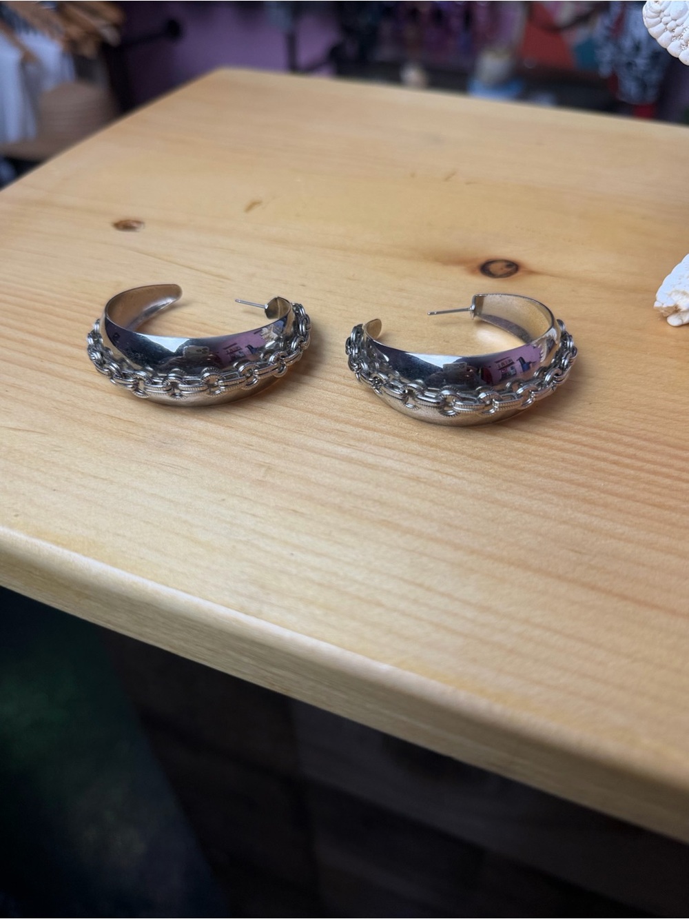 Vintage Chain Detail Hoop Earrings | Silver Tone Statement Jewelry - Picture 3 of 16
